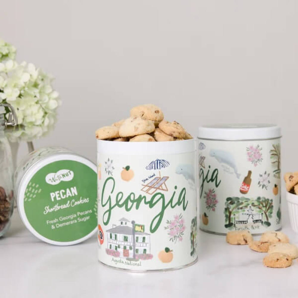 Georgia pecan shortbread cookies in round tin with local Georgia art