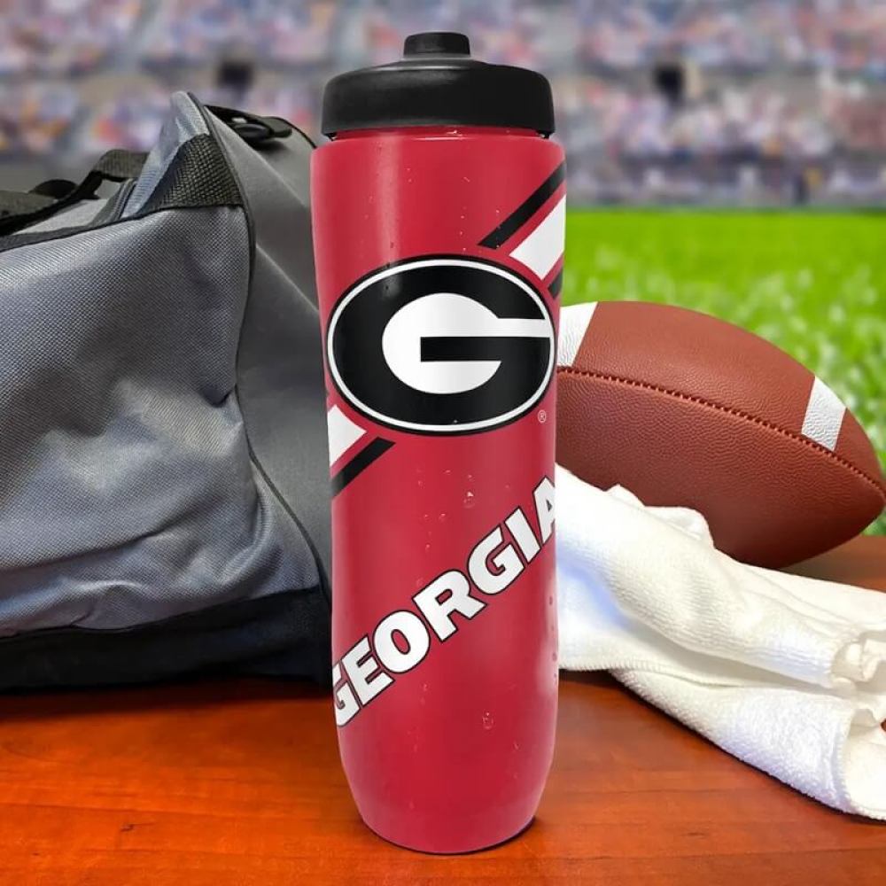 Red water bottle with University of Georgia logo and stripe