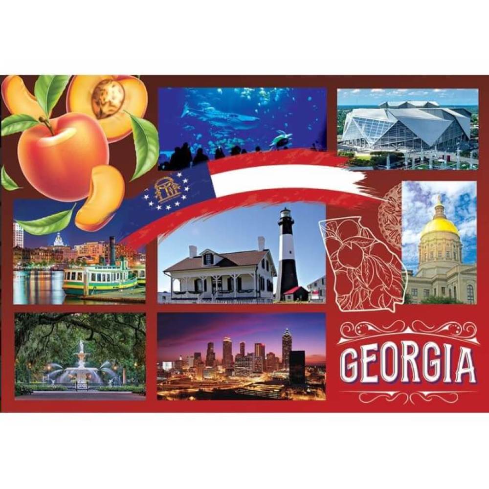 Georgia postcard with collage of the Atlanta skyline, Georgia state capitol, Savannah riverfront and more.