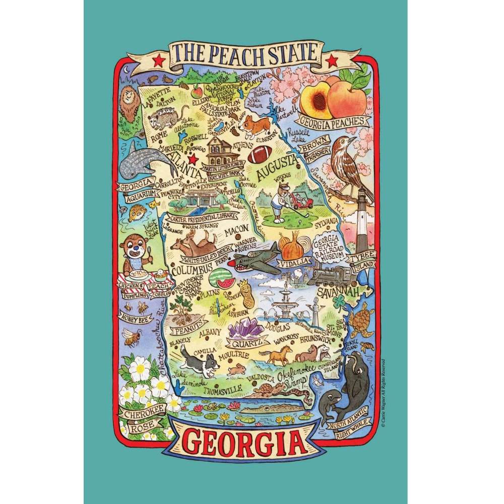 Georgia Vintage Tea Towel with state of Georgia, cities and popular images of Georgia