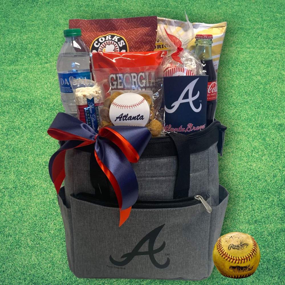 Atlanta Braves Gift Basket features grey Atlanta Braves cooler bag with assorted Braves merchandise and snacks