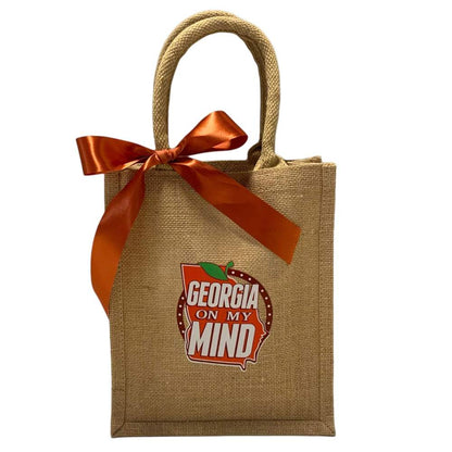 Burlap tote bag with State of Georgia design that reads Georgia On My Mind