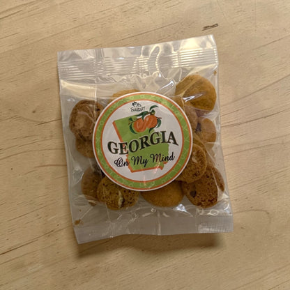 Packaged cookies with a Georgia on my mind label on a wooden surface