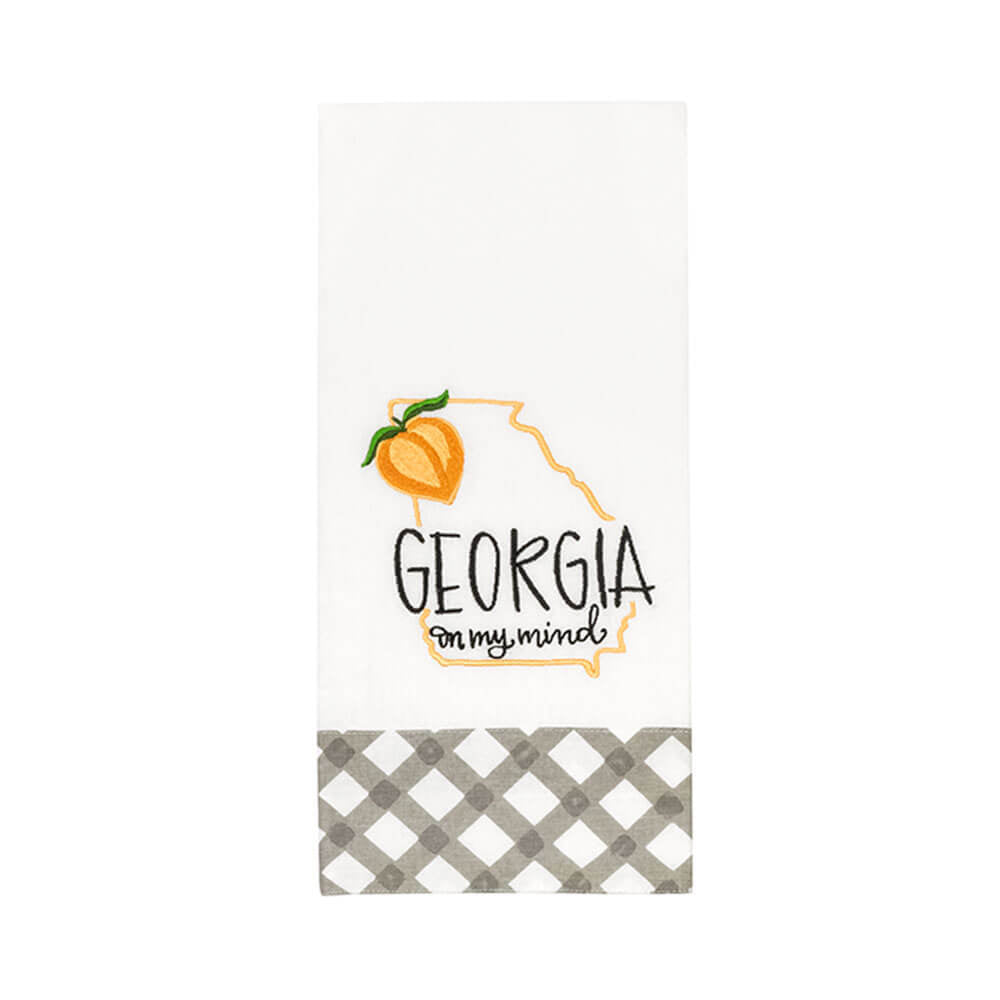 Embroidered Georgia Kitchen Towel says Georgia On My Mind in black with a peach accenting the state of Georgia