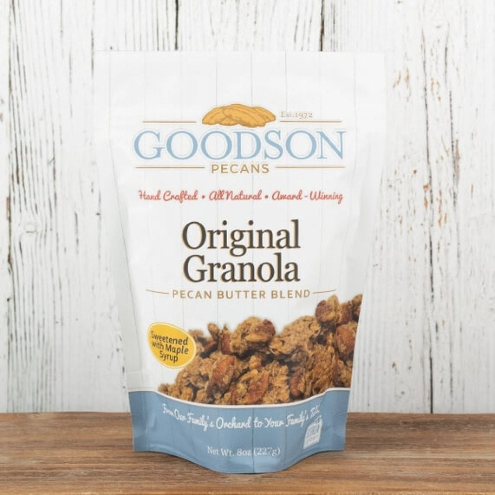 8 ounce bag of Goodson Pecans Granola in blue and white bag
