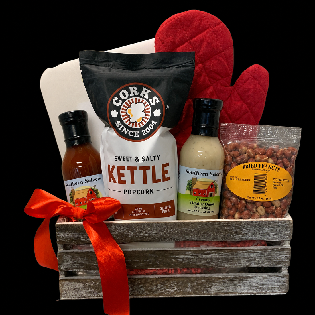 A Southern-themed gift basket featuring a bag of Cork&