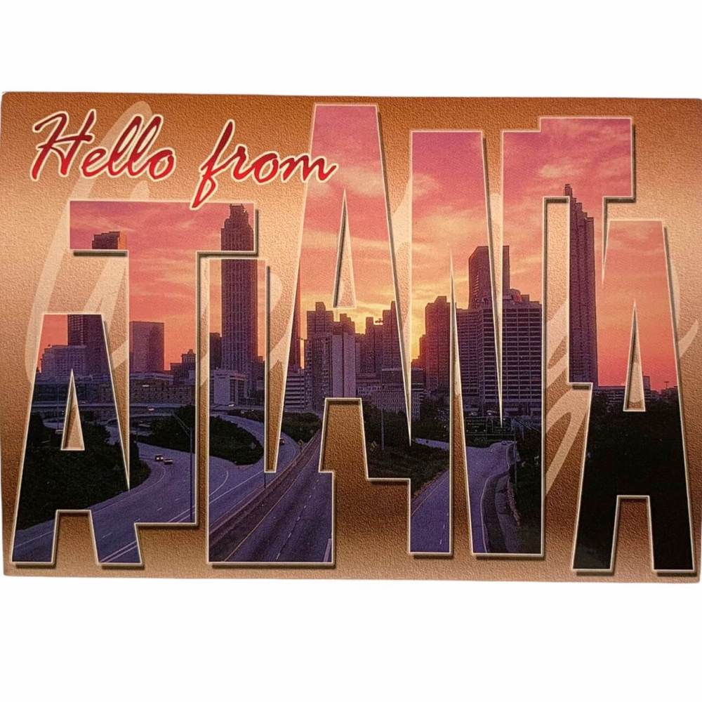 Hello From Atlanta Postcard with downtown Atlanta as the background in the word Atlanta