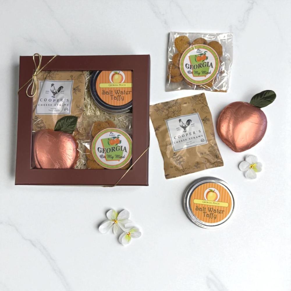 Hello Georgia Gourmet Gift Box with clear window showing assorted Georgia snacks