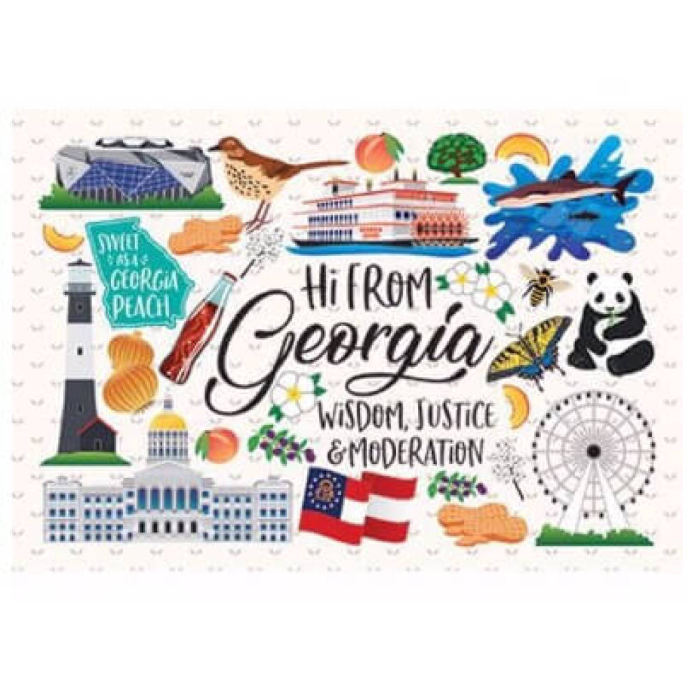 White magnet with colorful artwork of local landmarks, including Mercedes Benz Stadium, Georgia Aquarium and Tybee Island Lighthouse.