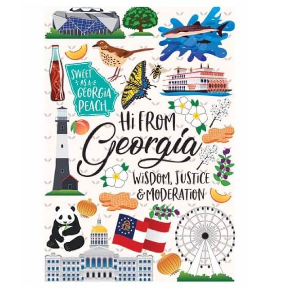 Georgia postcard with colorful artwork from around the state including Skyline Ferris Wheel, Tybee Island Lighthouse and Georgia Aquarium.