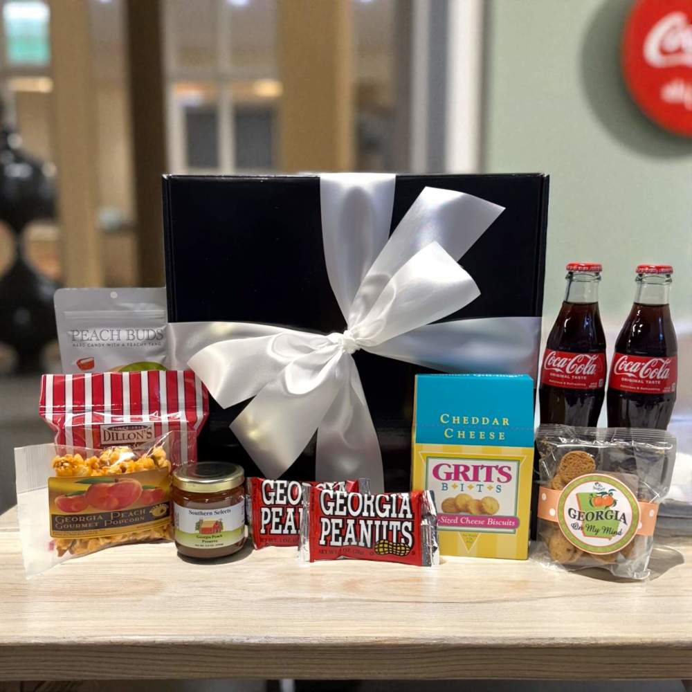 Georgia Gourmet Gift Box filled with peanut brittle, peach candy, Cokes, cookies and assorted Georgia snacks