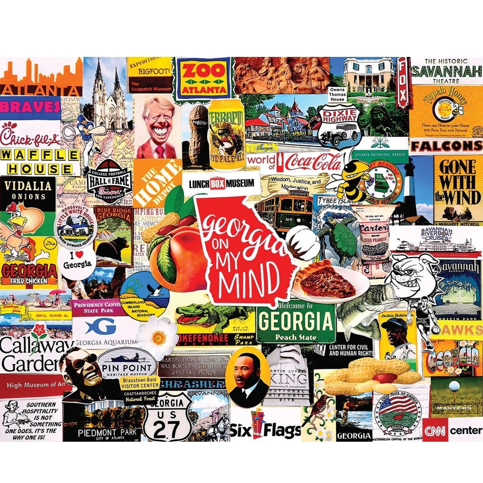 Georgia collage made from 1000 piece puzzle of various images and text related to Georgia, including landmarks, food, and attractions.