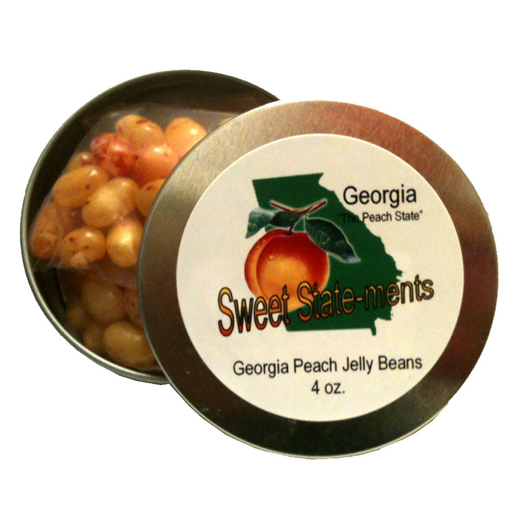4 ounce circular metal tin of Georgia peach jelly beans 