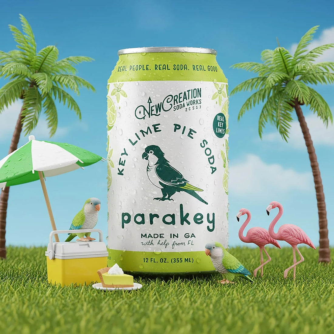 Key Lime Pie Soda can with parakeets and flamingos in a tropical setting