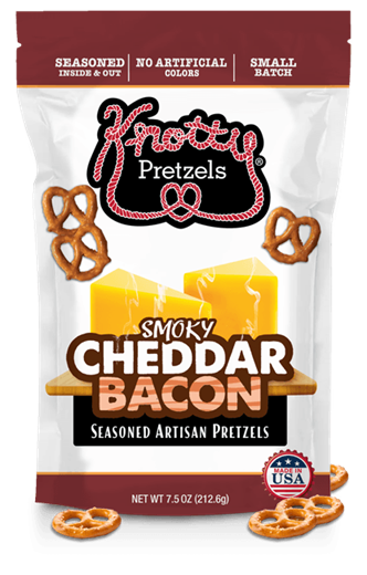 Bag of Knotty Pretzels Smoky Cheddar Bacon flavored pretzels on a white background.