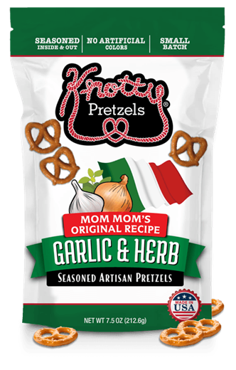 Knotty Pretzels with Garlic &amp; Herb seasoning on a white background