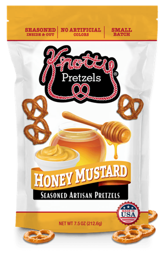 Package of Knotty Pretzels Honey Mustard flavored pretzels on a white background