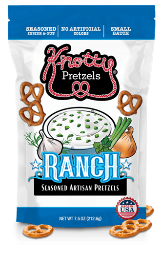 Package of Knotty Pretzels with ranch seasoning on a white background