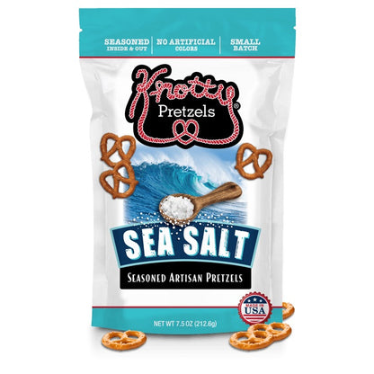 Package of Knotty Pretzels Sea Salt flavored pretzels on a white background