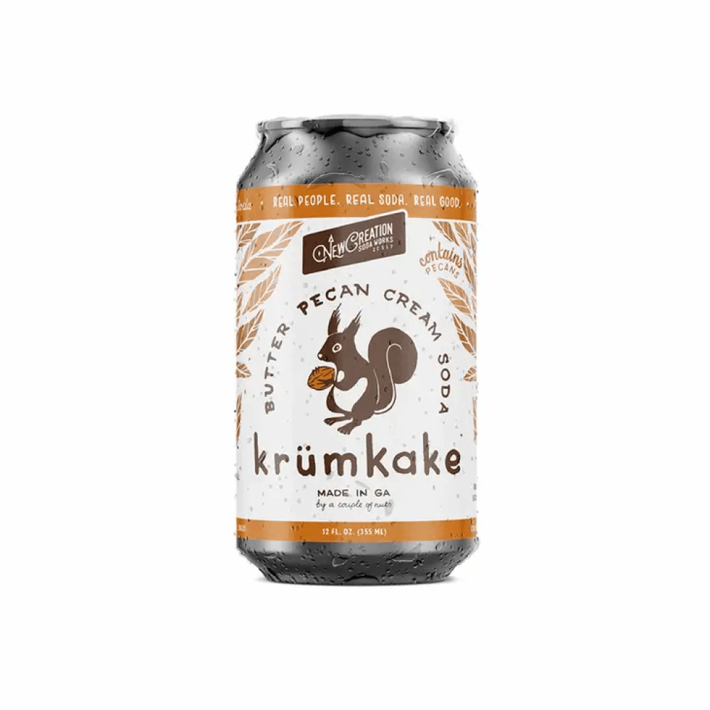 Can of krümkake butter pecan cream soda on a white background with a squirrel graphic on the can