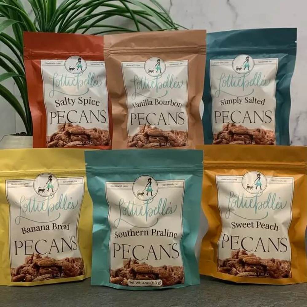 Assortment of Lottiebelles gourmet pecans in six flavors - peach, praline, banana bread, spice, vanilla bourbon and salted