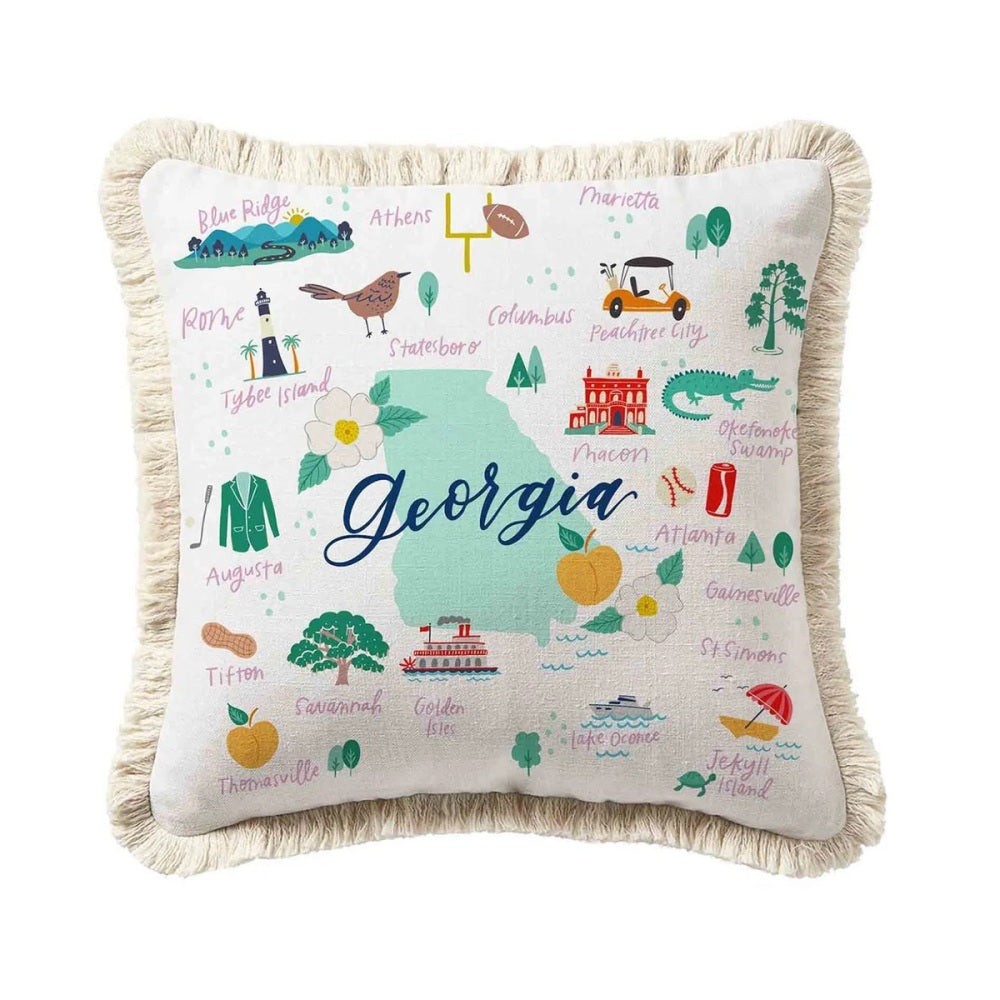 Beautifully illustrated Georgia pillow features several Georgia icons from around the state with embroidered accents