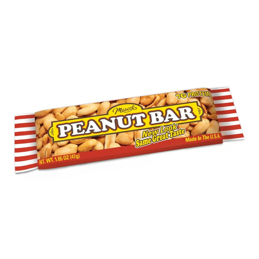 Mascot Peanut Bar packaging with red and white striped design on a white background