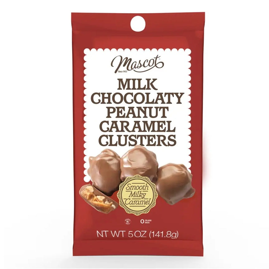 Red package of Milk Chocolaty Peanut Caramel Clusters with &