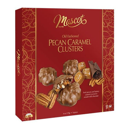 Red box of Mascot Old Fashioned Pecan Caramel Clusters on a white background