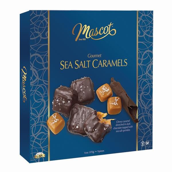Blue box of Mascot Gourmet Sea Salt Caramels on a white background