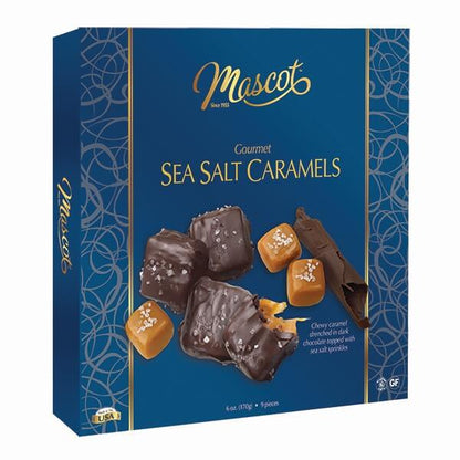 Blue box of Mascot Gourmet Sea Salt Caramels on a white background