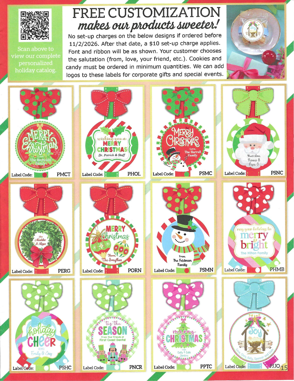A promotional catalog sheet showing multiple round Christmas-themed labels arranged in a grid, with large text at the top reading &