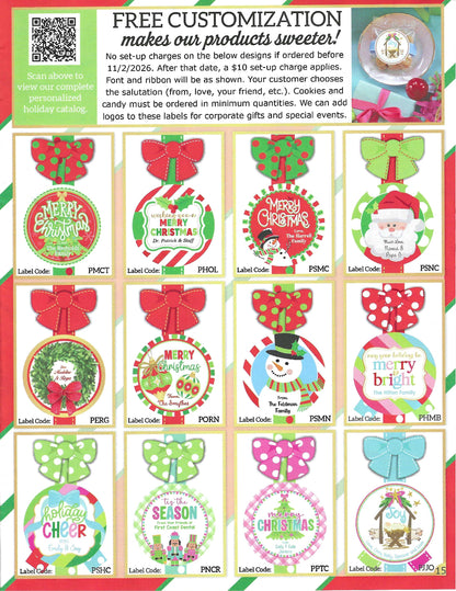 A promotional catalog sheet showing multiple round Christmas-themed labels arranged in a grid, with large text at the top reading &