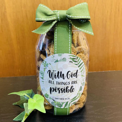 Scripture Inspirational Cookies with scripture written in black with green ribbon