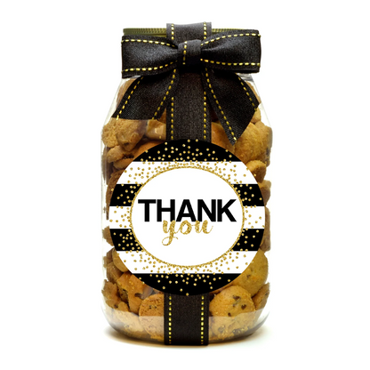 Jar of cookies with a black bow and &
