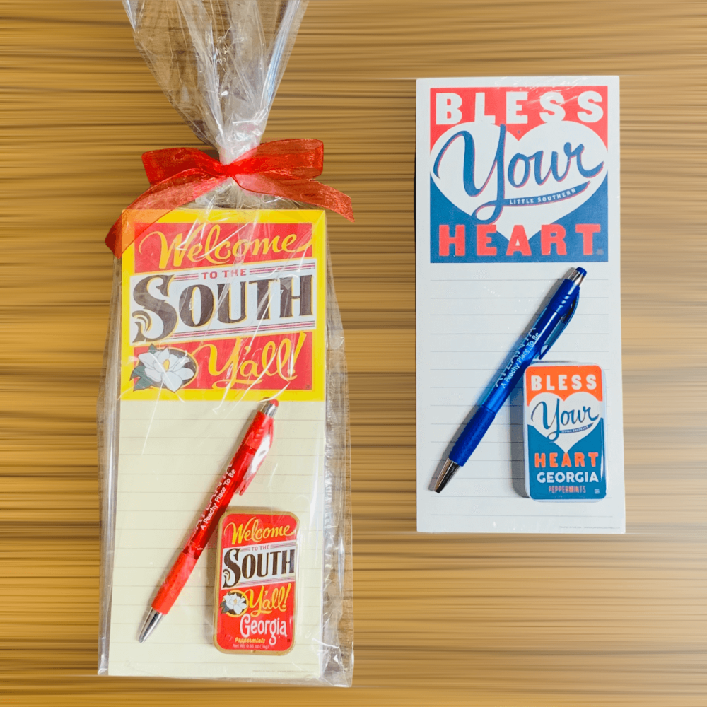 Georgia Notepad Gift Set with pad, pen and mint tin in two different designs.