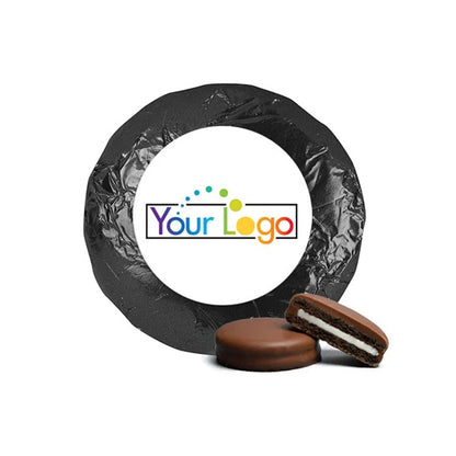 Foil wrapped chocolate covered sandwich cookie with a logo placeholder and two cookies on a white background