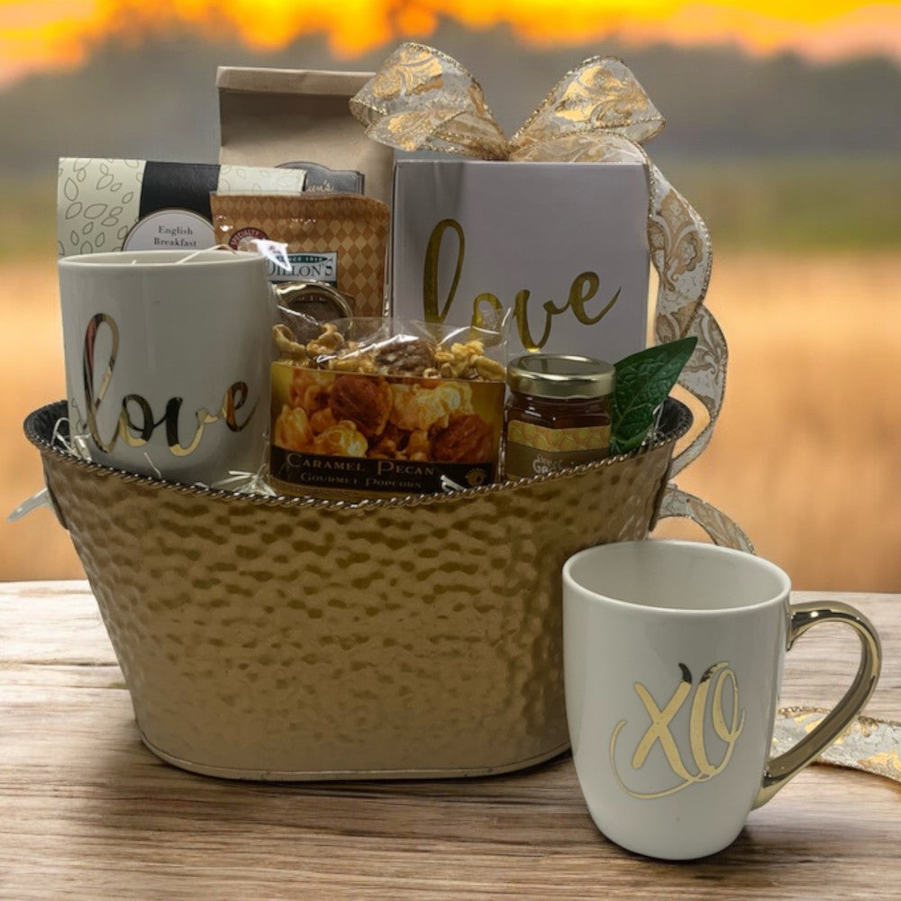 Gold metal basket filled with gourmet foods and your choice of Love Mug
