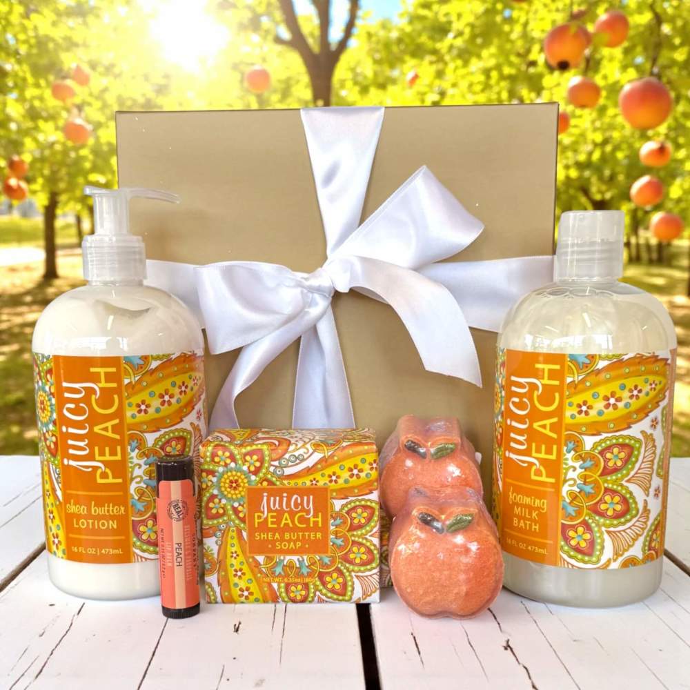 Juicy Peach lotion, bubble bath, soap, lip balm and more as a gift set in a gold gift box