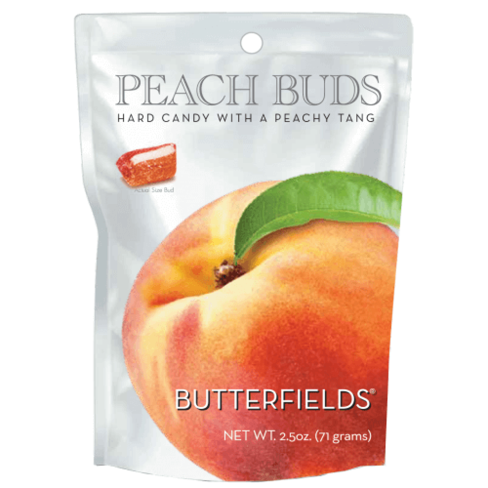 Resealable bag of Peach Buds Candies with picture of peach on the front