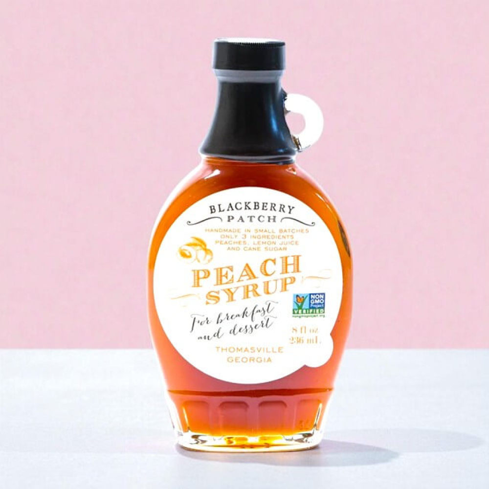 Bottle of Georgia peach syrup made with only three simple ingredients