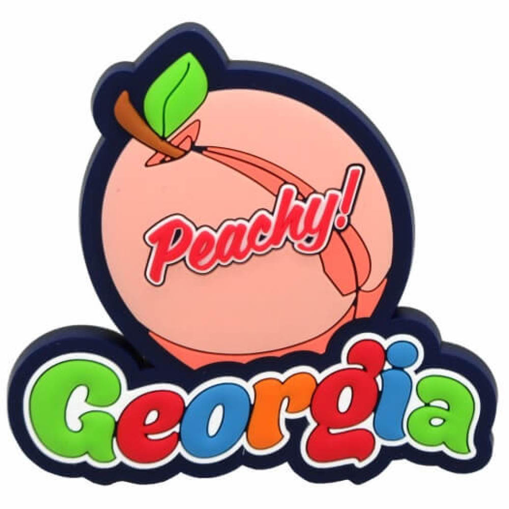 Peach shaped Georgia magnet with Georgia in colorful letters and peachy on the peach