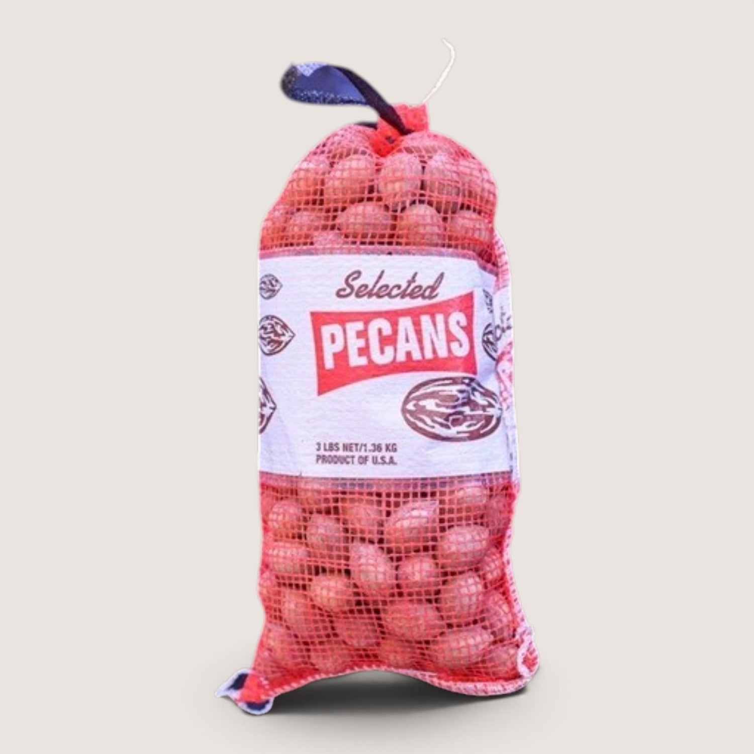 A red mesh bag of Selected Pecans, showing the Georgia pecans inside through the mesh, with a white and red label on a light gray background.