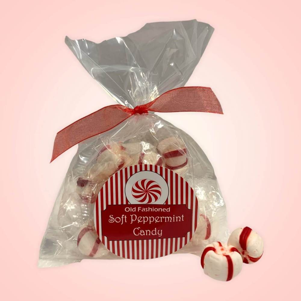 Soft Peppermint Candy in a small cellophane bag with ribbon