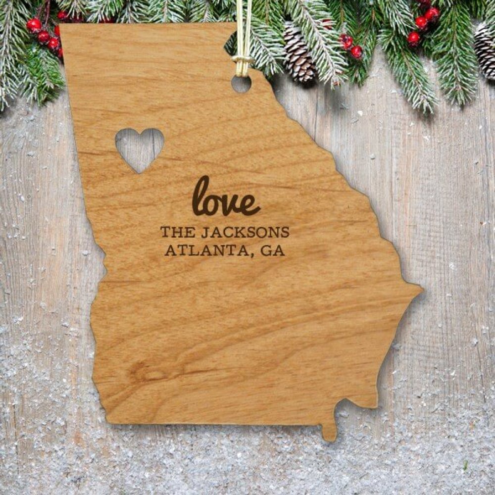 Wooden state of Georgia ornament with heart cutout and the word Love is personalized with your name and message.
