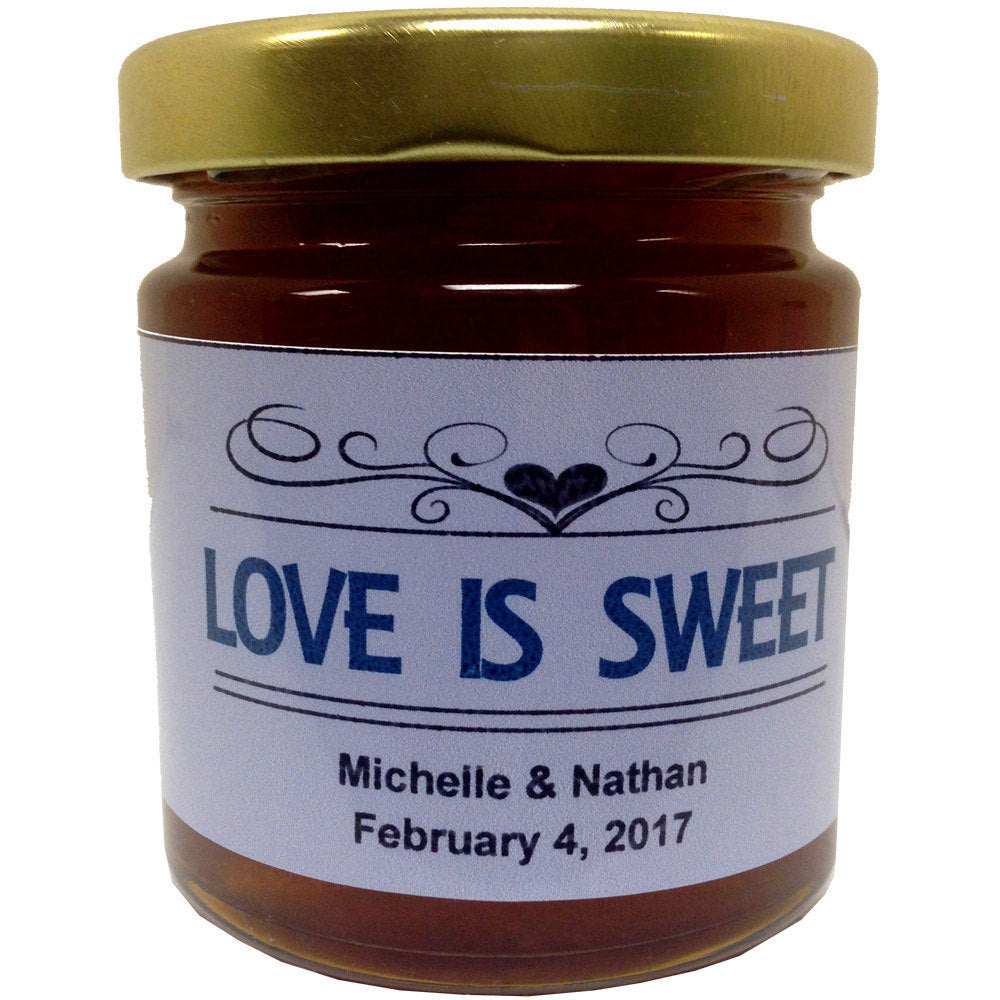 Jar of Georgia peach preserves with customizable Love Is Sweet label