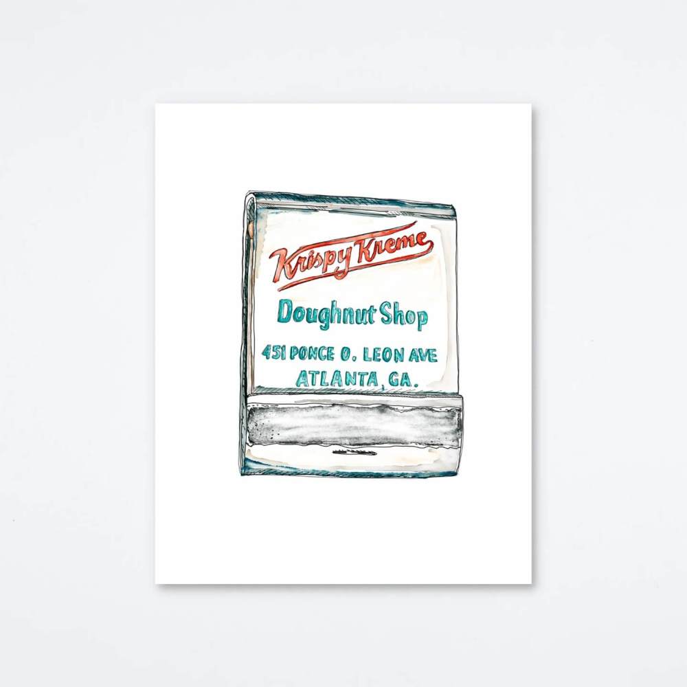 Watercolor matchbook print features the Krispy Kreme in downtown Atlanta