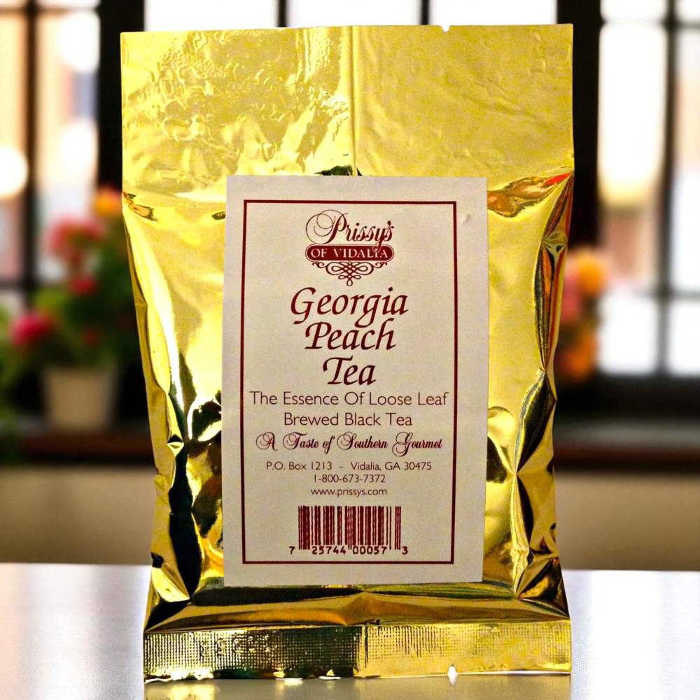 Gold foil pouch of Georgia peach tea with white label