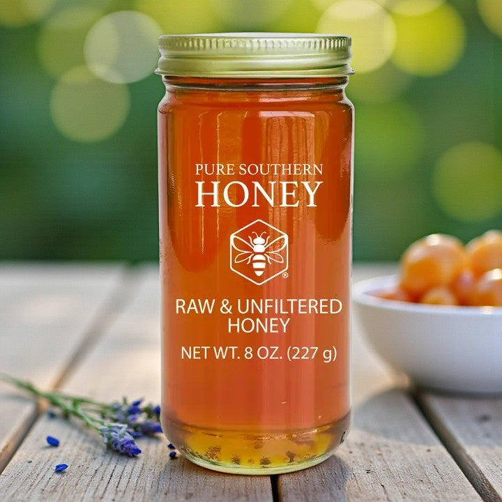 Jar of Pure Southern Honey on a wooden table with a blurred natural background