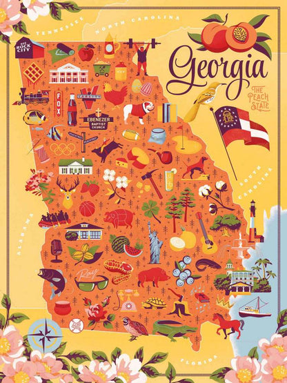 Illustrated map of Georgia puzzle with various symbols and icons on a yellow background